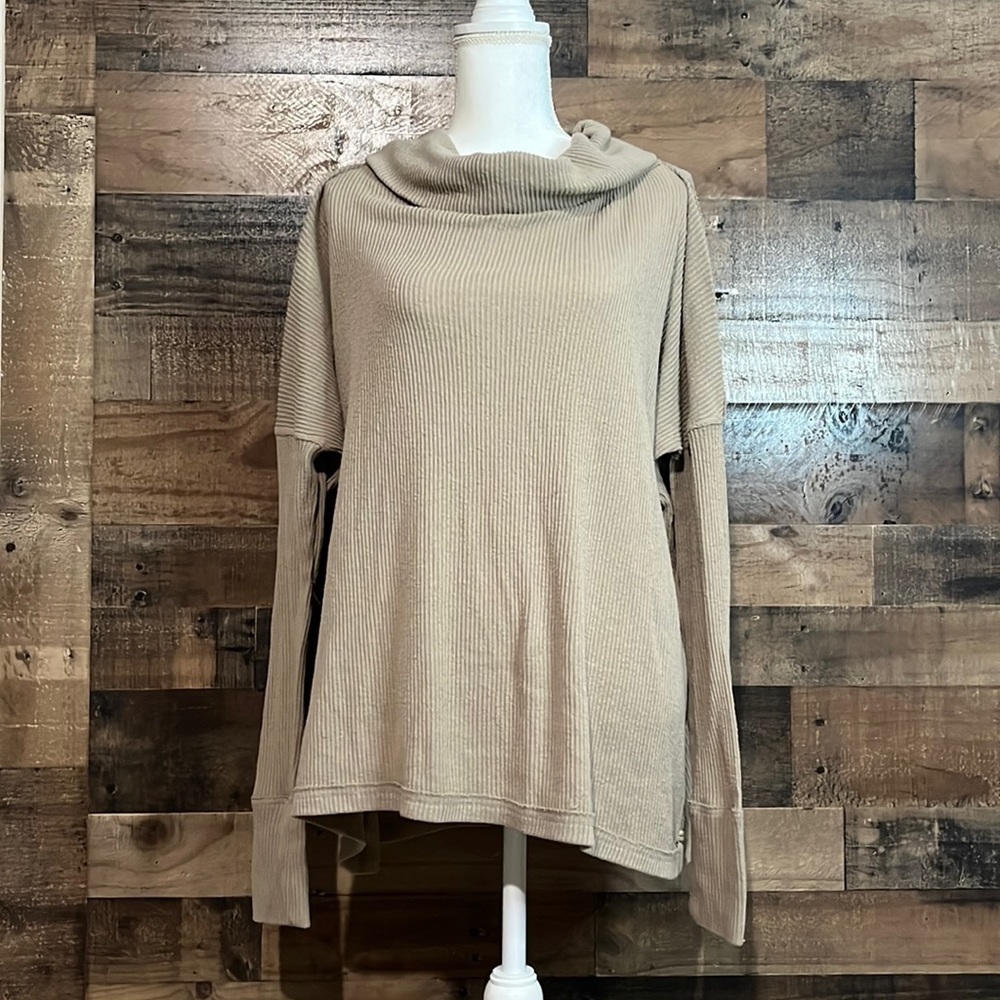 Free People We The Free Cowl Neck Rib Sweater Open Back Slit Small Tan
